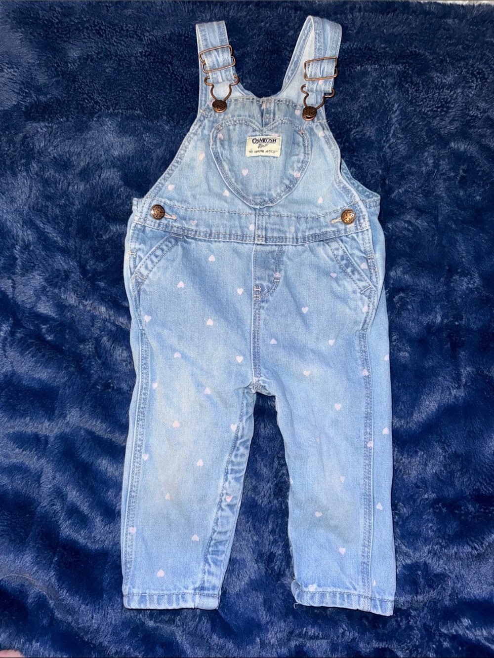 12m OshKosh B'gosh Light Blue Denim Girls Overalls with Tiny White Hearts